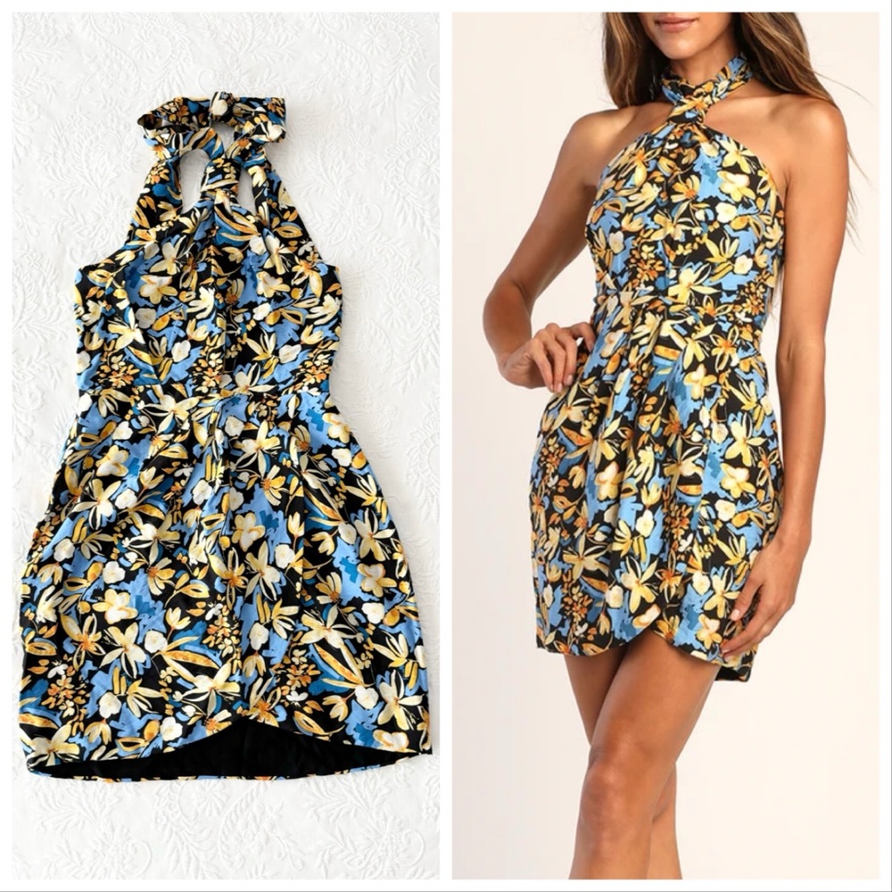NWOT Lulus Constant Confidence Black Floral Print Knotted Halter Mini Dress